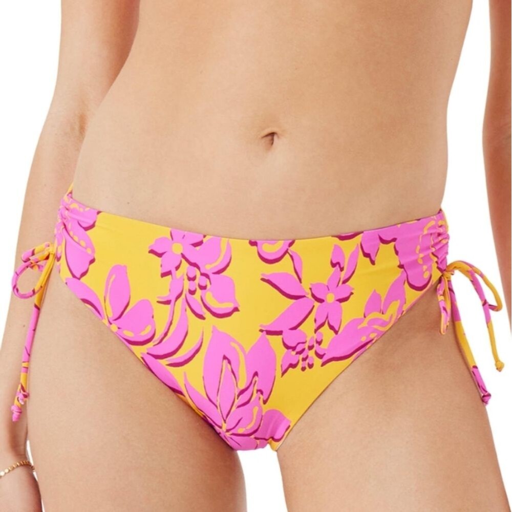 NWT Roxy Hipster Lace Full Coverage Floral Bikini Bottom Pink Yellow - Size S
